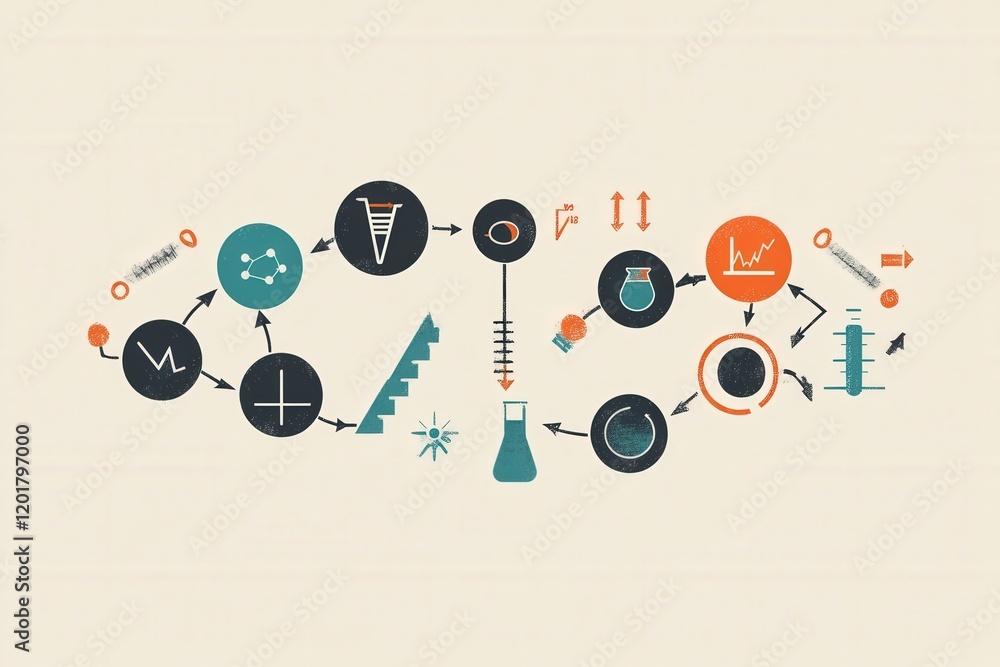 Poster a creative visualization of the scientific method cycle, with arrows connecting each step and icons 