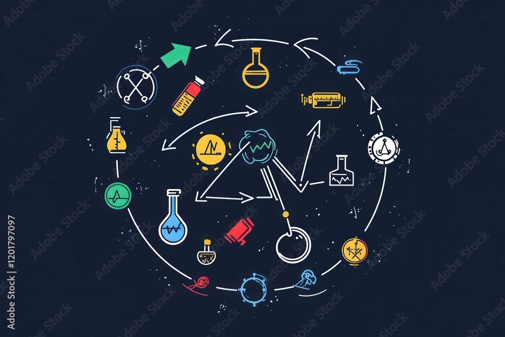 Poster a creative visualization of the scientific method cycle, with arrows connecting each step and icons 
