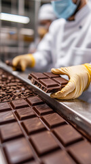 Skilled chocolatiers meticulously crafting chocolate bars in a workshop, showcasing the detailed and intricate work involved in creating delicious confections ready for enjoyment.
