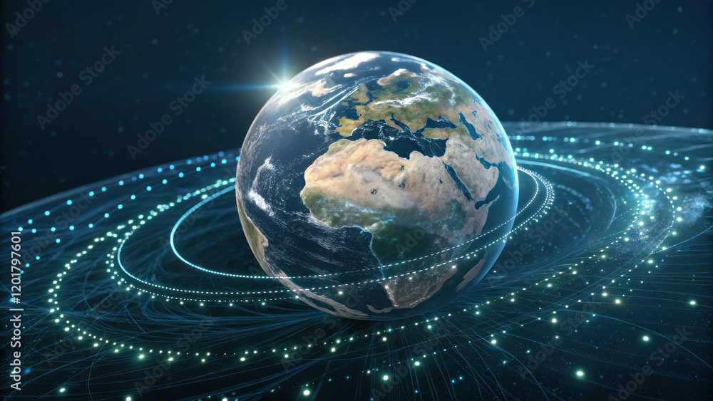 Poster floating holographic globe with glowing lines and data connections, showcasing earth in digital spac
