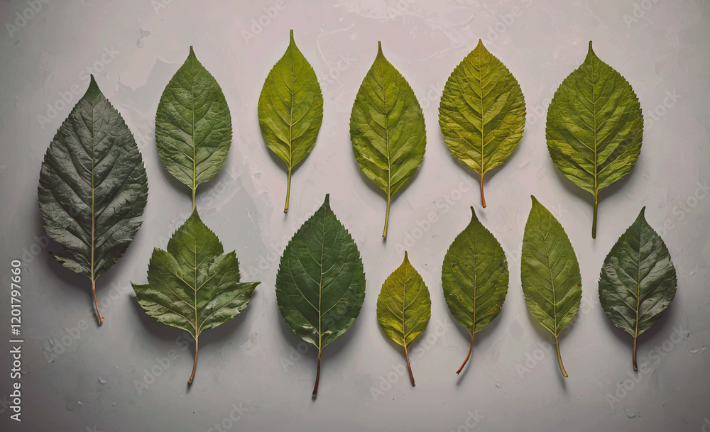 Poster a collection of green leaves are arranged in a row. the leaves vary in size and shape, creating a vi
