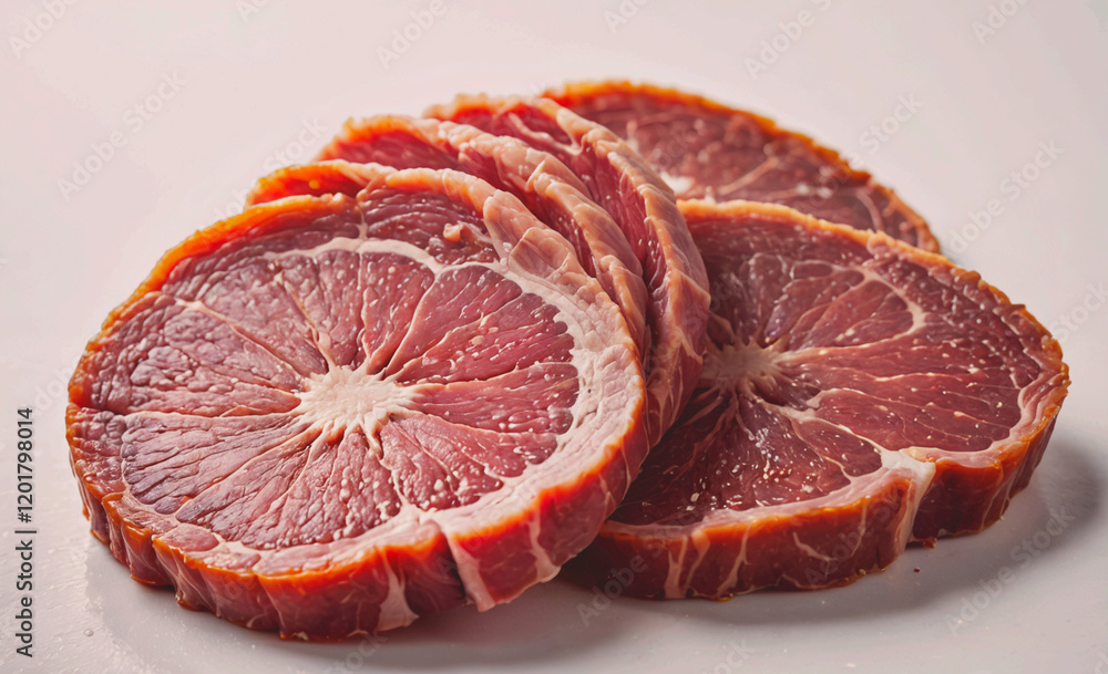 Poster A piece of meat is cut into slices and arranged on a white plate. The slices are arranged in a circular pattern, with the center slice being the largest. The meat appears to be seasoned and ready to