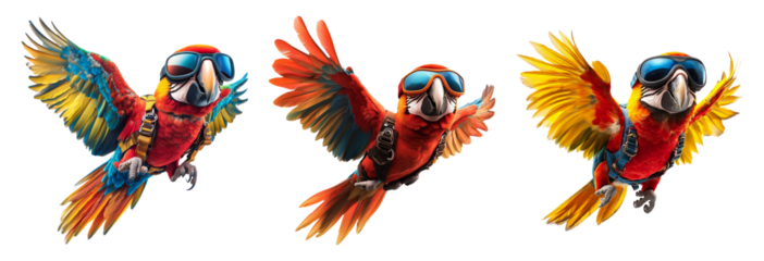 Vibrant Macaw Birds in Flight on Transparent Background Display