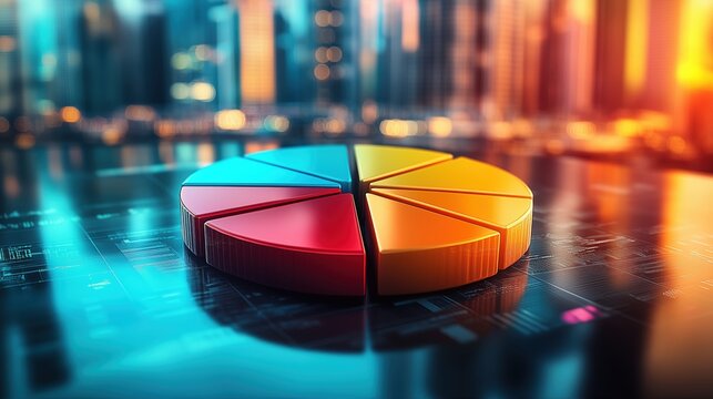Colorful pie chart showcasing data analytics with a modern city skyline in the background during twilight