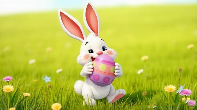 A cheerful cartoon bunny holds a decorated Easter egg while hopping through a lush green meadow filled with colorful wildflowers under a bright, sunny sky