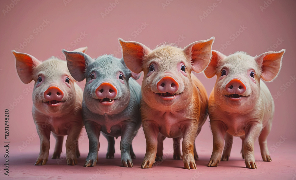 Poster four pigs are standing in a row, with one of them being white and the others being pink. they are al