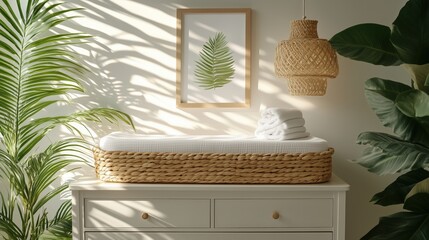 Obraz premium Elegant nursery with natural decor featuring a woven changing basket and tropical plants that create a serene ambiance