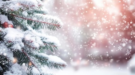 Obraz premium A winter background image showing snow falling on pine tree branches with blurred lights in the background