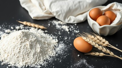 Fototapeta premium Baking Banner - Flour, Eggs, Wheat on Black
