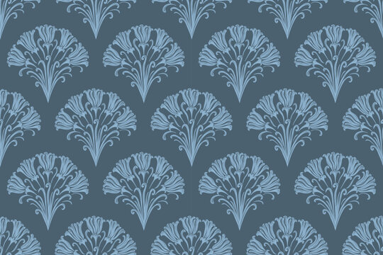 Vintage floral ethnic tapestry modern embroidery texture boho design vector illustration hand drawn silhouette indigo blue fan flower motif branches leaves wallpaper seamless background border.	
