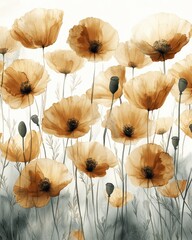 Vibrant Watercolor Poppies in Bloom: Delicate Orange and Sepia Flowers on Light Background Creating a Peaceful Floral Art Scene for Calm and Inspiration