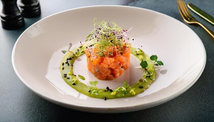 Gourmet salmon tartare with avocado, vegetables, and microgreens, artfully plated on a white plate in a restaurant setting 