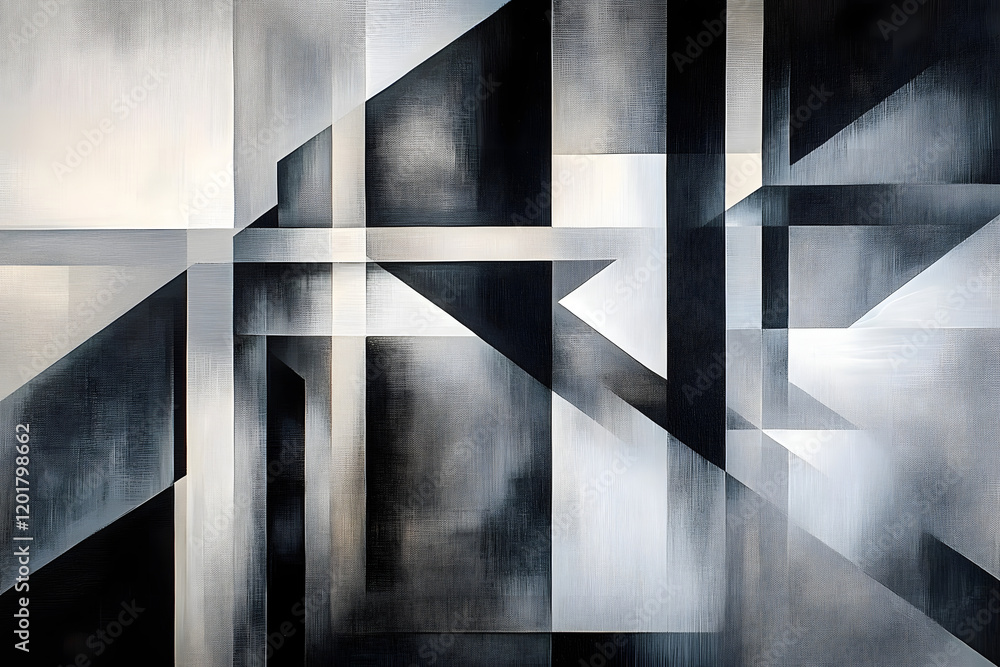 Poster abstract geometric painting in shades of gray and black, featuring intersecting lines and planes cre
