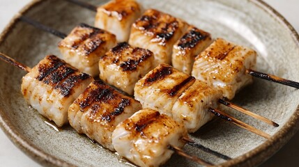 Serving of grilled shishamo fish neatly aligned a plate captured in a clean topdown perspective