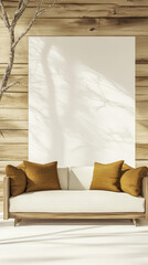 Cozy living room setup with a minimalist design featuring a wooden couch and blank wall