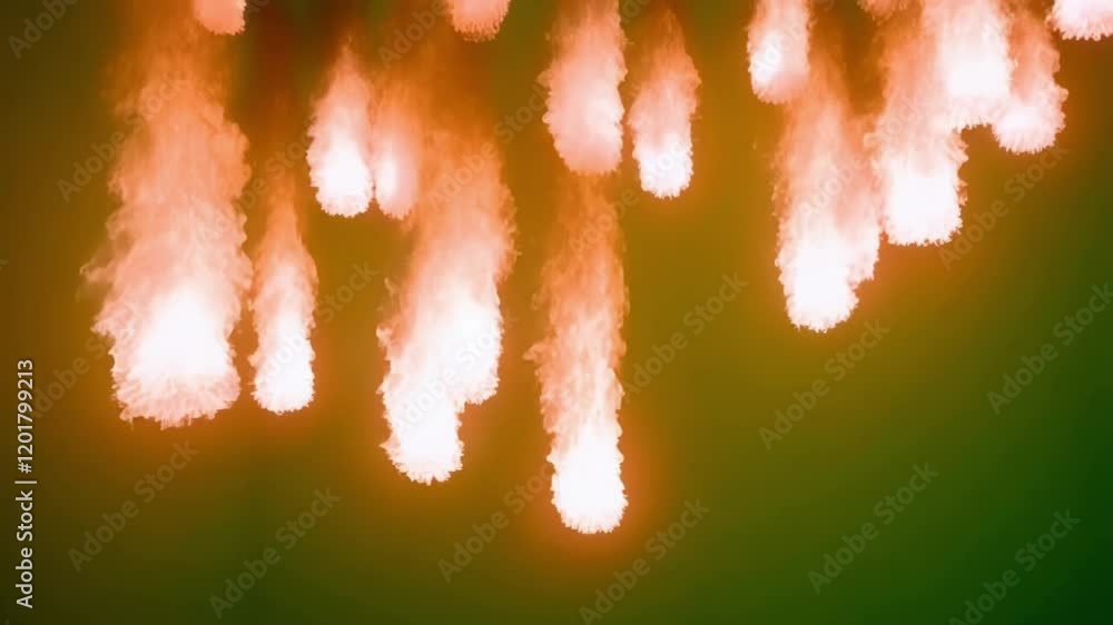 Poster orange fireballs are falling down against a green screen background, creating a visually striking ef
