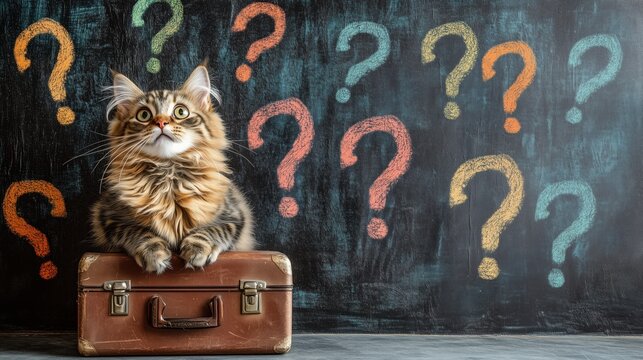 Cat curiously perched on a suitcase surrounded by colorful question marks on a chalkboard