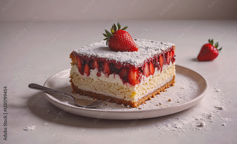 Poster a slice of strawberry cheesecake with a strawberry on top. the dessert is served on a white plate wi