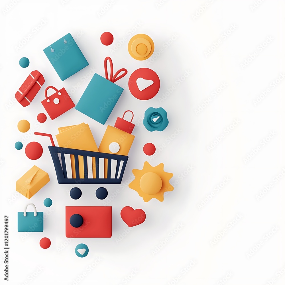 Poster 3d floating discount symbols highlighted with shopping items