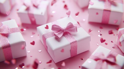 Sweet and festive gift packaging with a soft pink background and glitter confetti