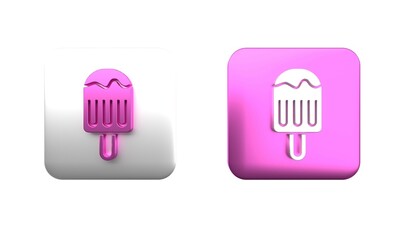 Colorful Ice cream on stick icon isolated on white background. Sweet symbol. Square button. 3D render illustration