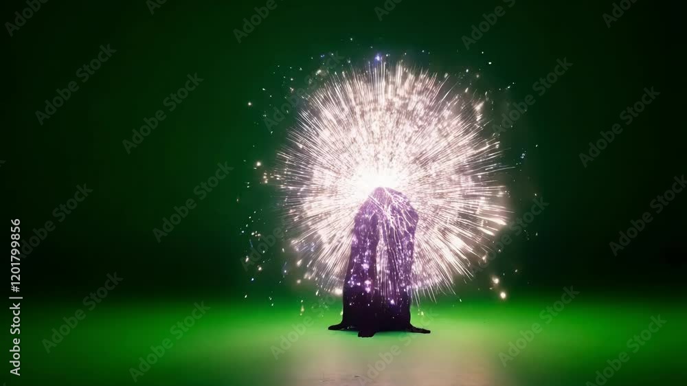 Poster luminous sparks dancing across dark monolith surface, casting vibrant illumination against green chr