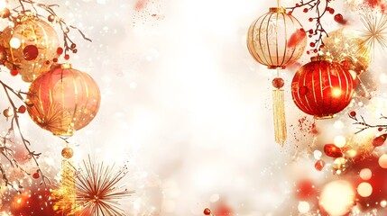 Obraz premium Vibrant Chinese New Year with Golden Fireworks and Red Decorative Elements