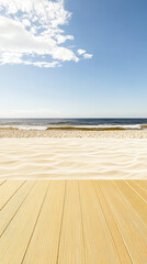 Fototapeta premium Serene beach view with wooden deck and gentle waves under clear blue sky