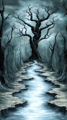 Obraz premium Twisted tree, creek, dark forest, fantasy landscape; eerie background, game art