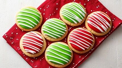 Obraz premium Colorful Holiday Cookies on a Red Napkin with White Sprinkles