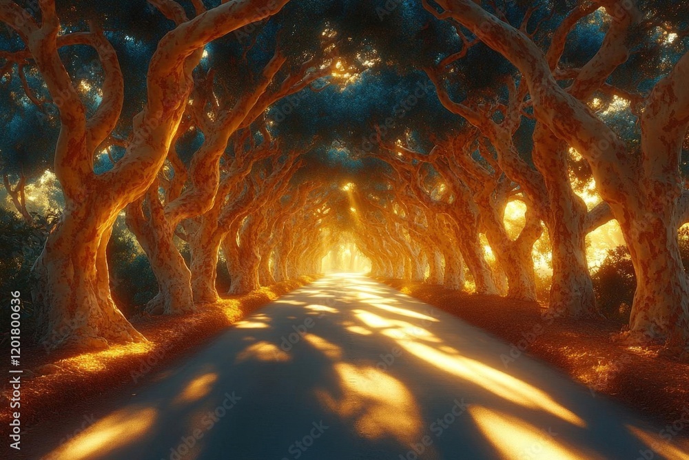 Poster sunlit path through a tunnel of trees: a magical forest scene