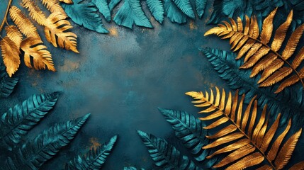 Vibrant Blue and Gold Fern Leaves on Textured Background Creating a Stunning Nature-Inspired Abstract Composition