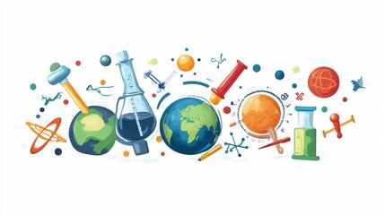 Educational illustration of science and earth, showcasing chemistry and geography concepts with colorful graphics