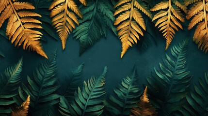 Vibrant Fern Leaves in Green and Gold on a Dark Background Creating a Stunning Nature-Inspired Pattern