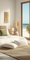 Relaxing beach view from a minimalist bedroom with natural decor and soft colors