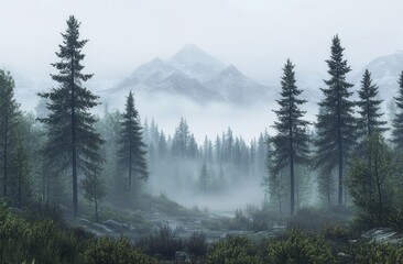 Misty Pine Forest Landscape in Fog