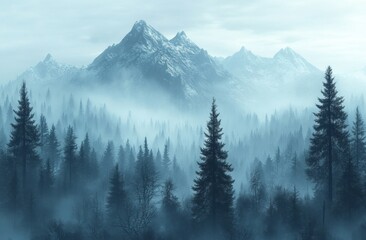Fototapeta premium Misty Foggy Forest Landscape with Tall Pine Trees