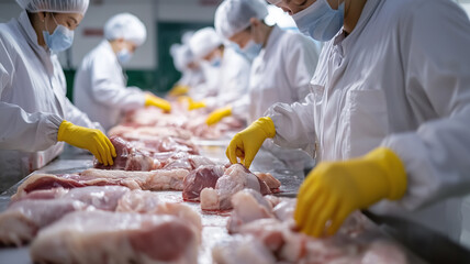 AI generator image of meat processing factory To produce ready-made food such as sausage and ham, employees are sorting meat such as pork and chicken.
