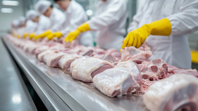 AI generator image of meat processing factory To produce ready-made food such as sausage and ham, employees are sorting meat such as pork and chicken.
