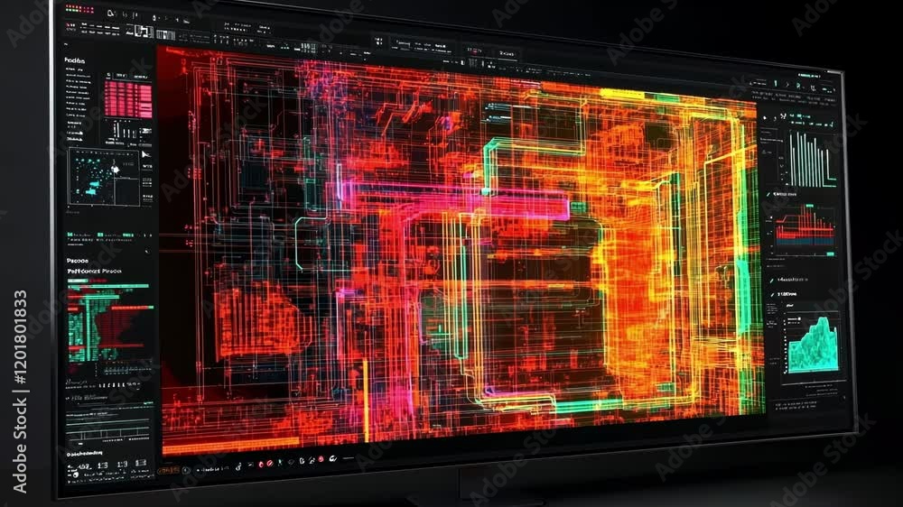 Poster a vibrant screen showcasing heat maps and 3d visualizations of machinery with bright red areas indic