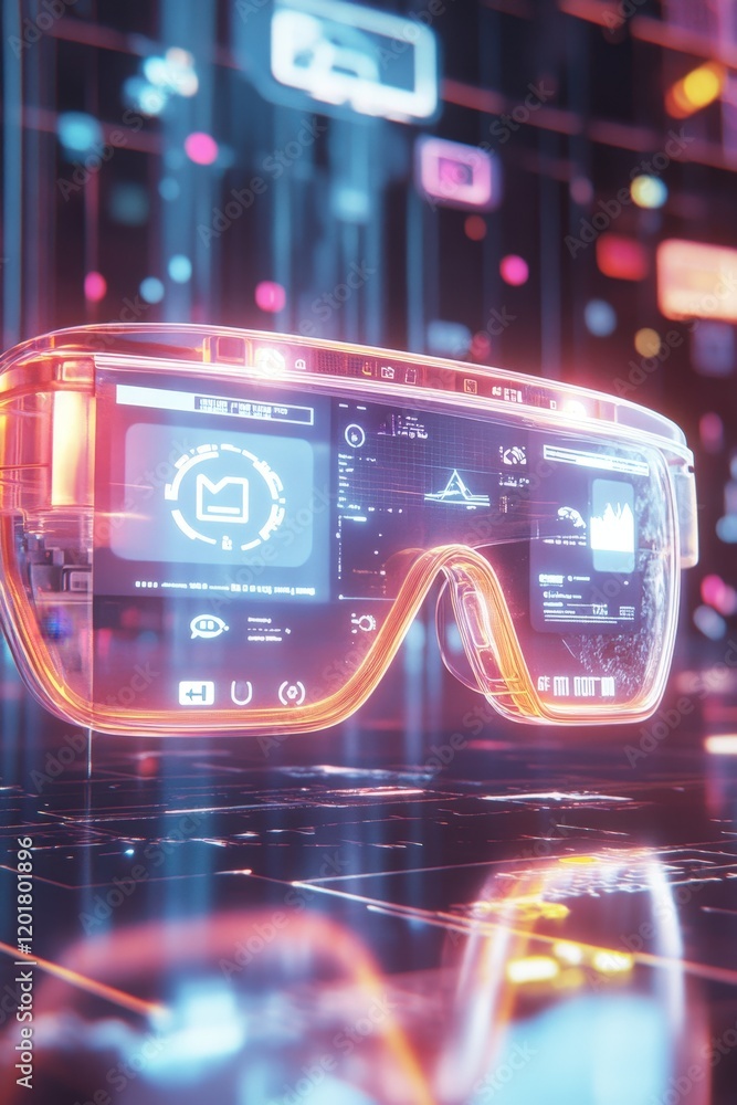 Poster a dynamic depiction of an ar glasses interface with icons like navigation, weather, and messages