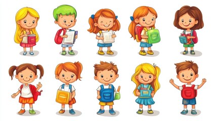 Children with backpacks engaging in various school-related activities in a cheerful, colorful setting