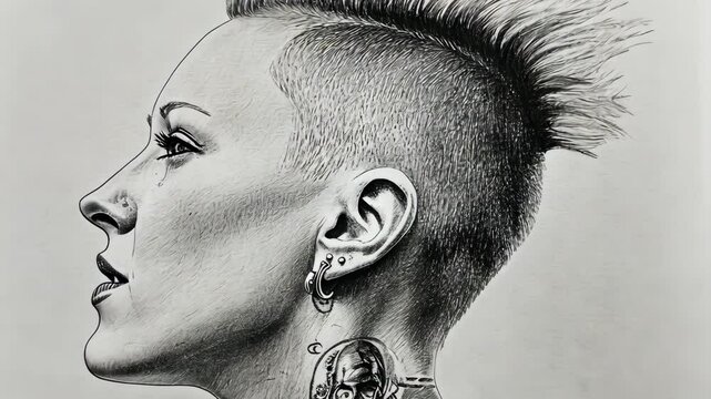 Portrait of a woman with a mohawk hairstyle and intricate tattoos in a creative artistic style