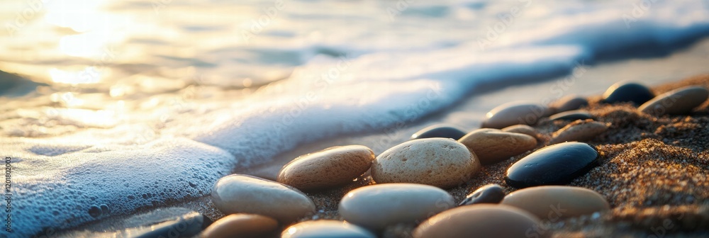 Aufkleber Close up view of smooth beach pebbles with gentle waves washing over them in a serene coastal setting. Generative AI