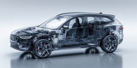 Transparent high angle view of electric vehicle structure showcasing internal components