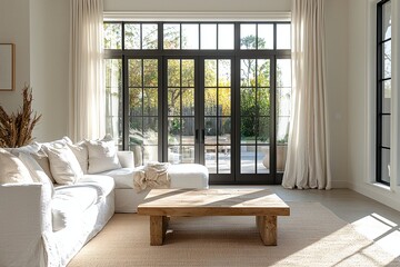 Modern Scandinavian interior design of a residential living room with large windows and a sofa and table. Generative AI
