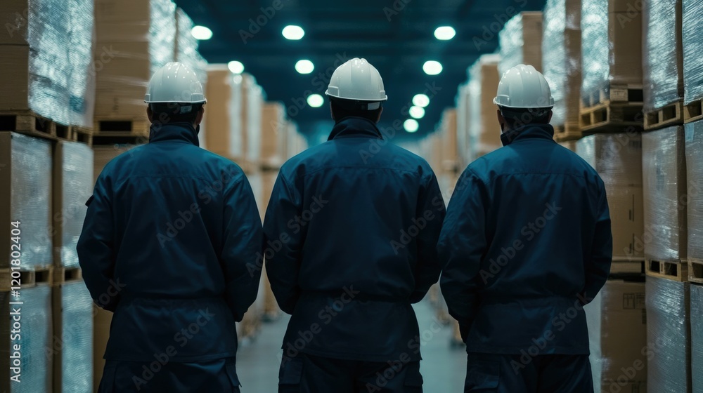 Poster a group of workers in hard hats and uniforms working together at night in a large warehouse stacking