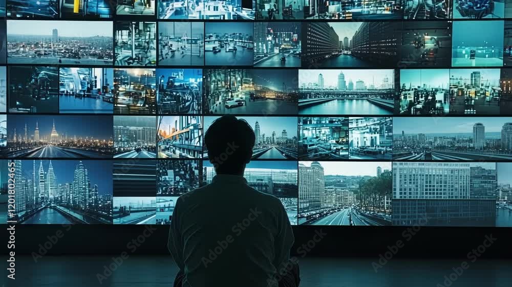 Poster image of a supervisor sitting in front of a large wall of screens displaying various live feeds from