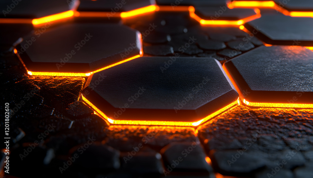 Poster abstract background image of glowing orange hexagonal shapes on a dark textured surface. perfect for