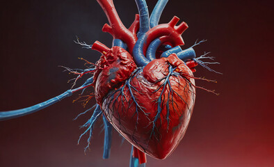 A heart with red and blue veins is shown in a close up. The heart is surrounded by red and blue veins, giving it a lifelike appearance. Concept of life and vitality